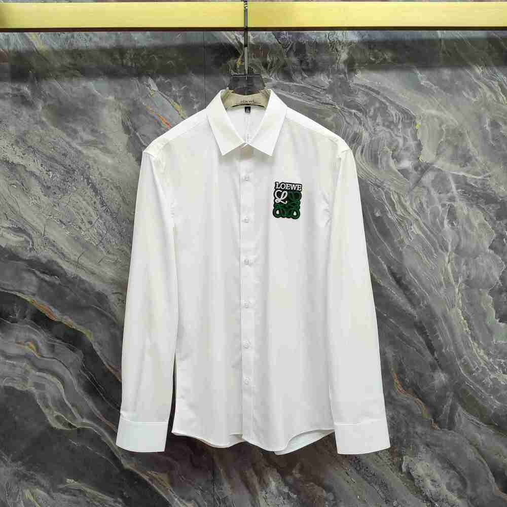 LOEWE White Button Down Shirt Chest Green Anagram Embroidery